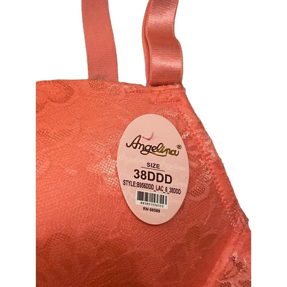 Angelina Plus Size Bra with Lace Decor and Convertible Straps in coral size 38DD